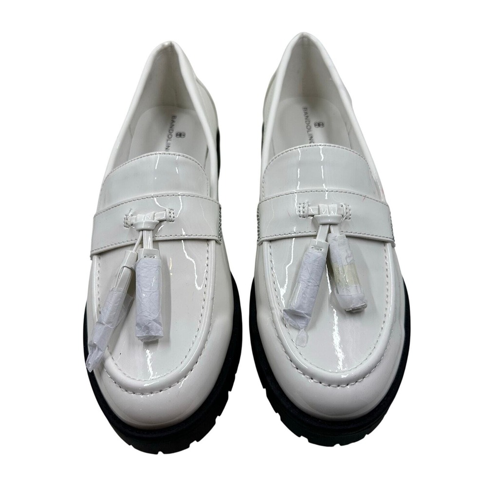 Bandolino Tassel Lug Sole Loafers 9M White Patent Leather Preppy Academia - Picture 2 of 9